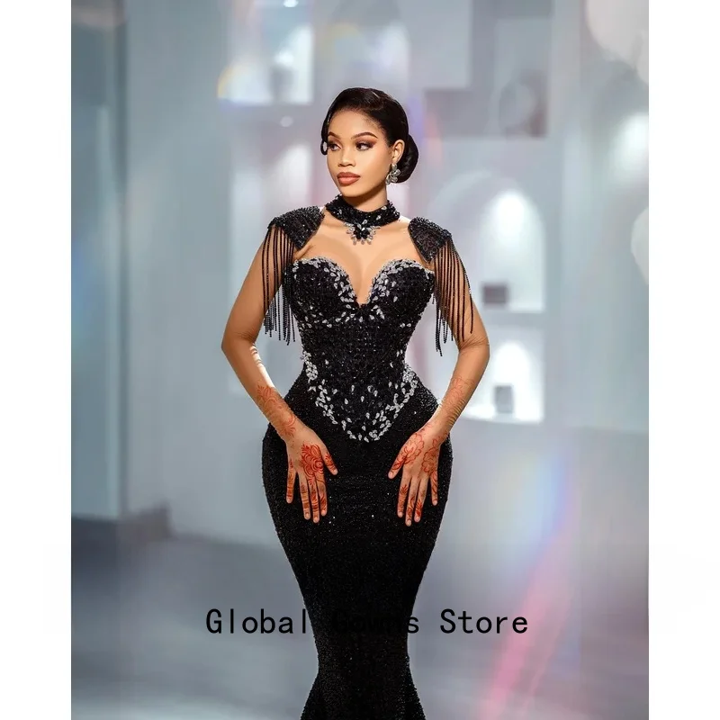Elegantes Abendkleid mit langen Pailletten, Vestido de Festa, Meerjungfrau-Partykleider, schwarz, transparente Netzärmel, Quasten, Perlen, Ballkleider