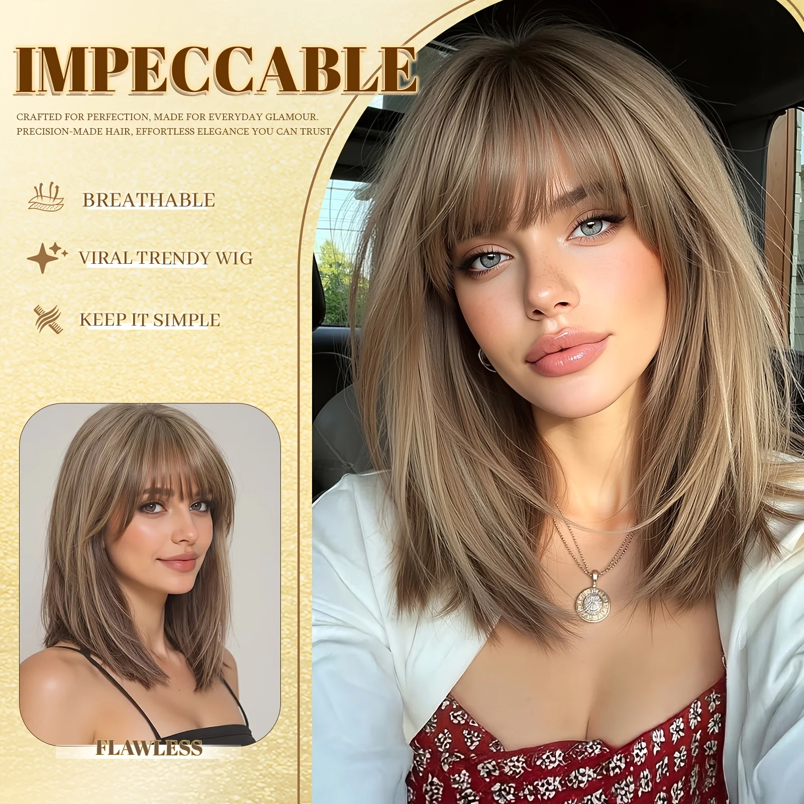 14-inch light brown shoulder-length wig with hair tie, featuring a smooth glossy texture and straight-cut bangs design