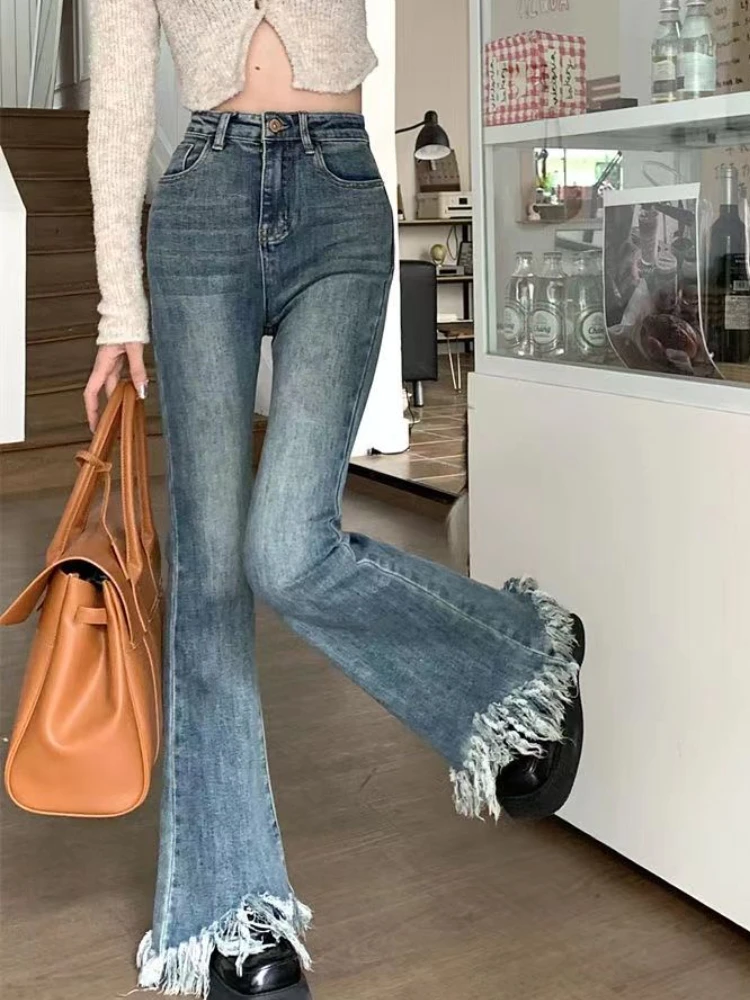 

Джинсы-клеш, женские шикарные узкие винтажные уличные брюки с кисточками, повседневные джинсовые брюки с высокой талией, универсальные модные брюки в американском стиле, весна