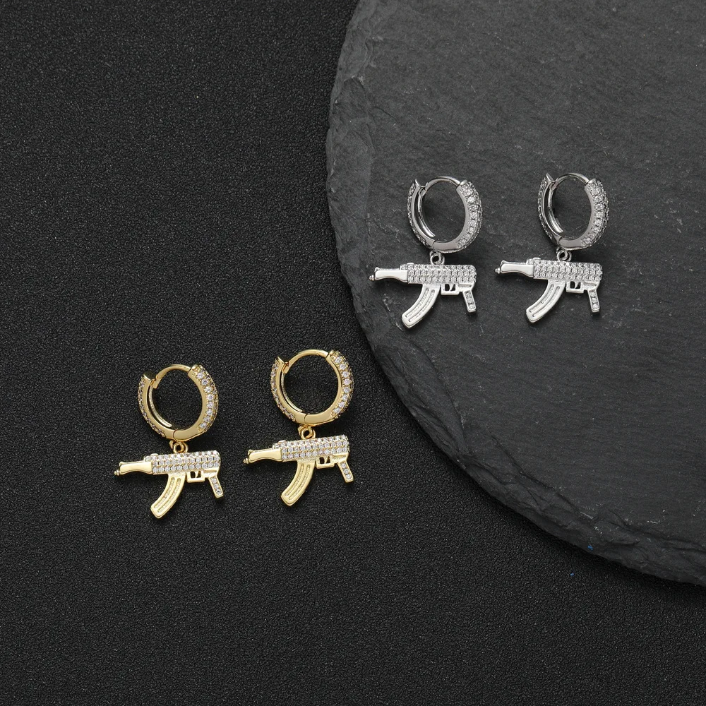 Ak-47 Submachine Gun Dangle Earrings Bling Iced Out Zircon Street Rock Rap Cool Jewelry Hypoallergenic Earrings For Women Men