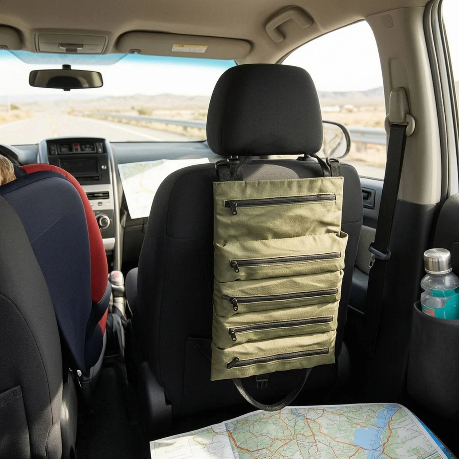 Roll Up Tool Bag Heavy Duty Tool Organizer with Multiple Zipper Pockets Tool Roll for Car Seat Back Storage