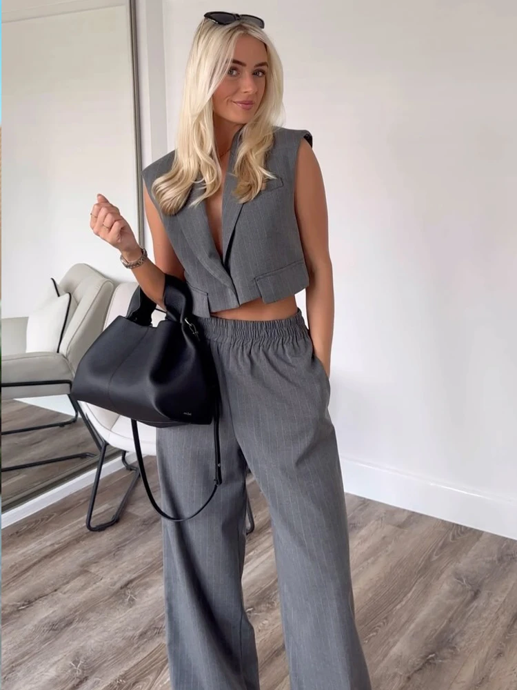 TRAFZA Female Fashion Set Turn-Down Collar Sleeveless Single Button Tops+High Waist Wide Leg Pant Autumn Suit Woman Trendy