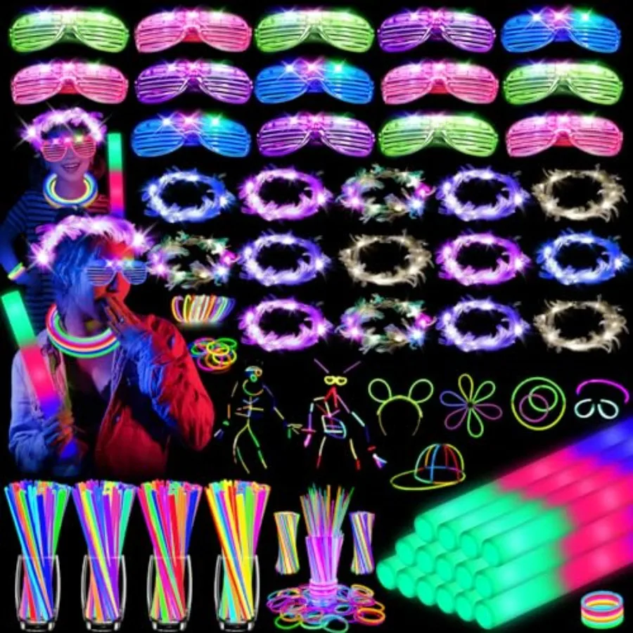 

142 PCS Glow in the Dark Party plies, 14PCS Foam Glow Sticks, 14PCS Light Up Headband, 14PCS LED Glasses and 100PCS Glow Sticks