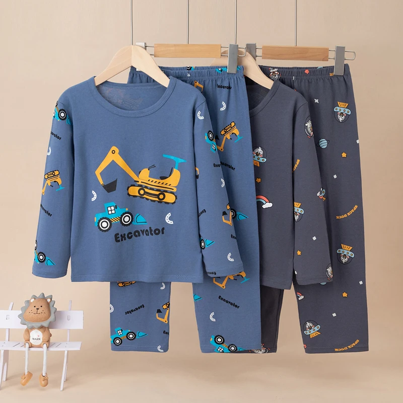 Children's Blue Cartoon Excavator Print Loungewear Set, Spring/Autumn Girls' Boys' Thin Pure Cotton Long Sleeve Long P