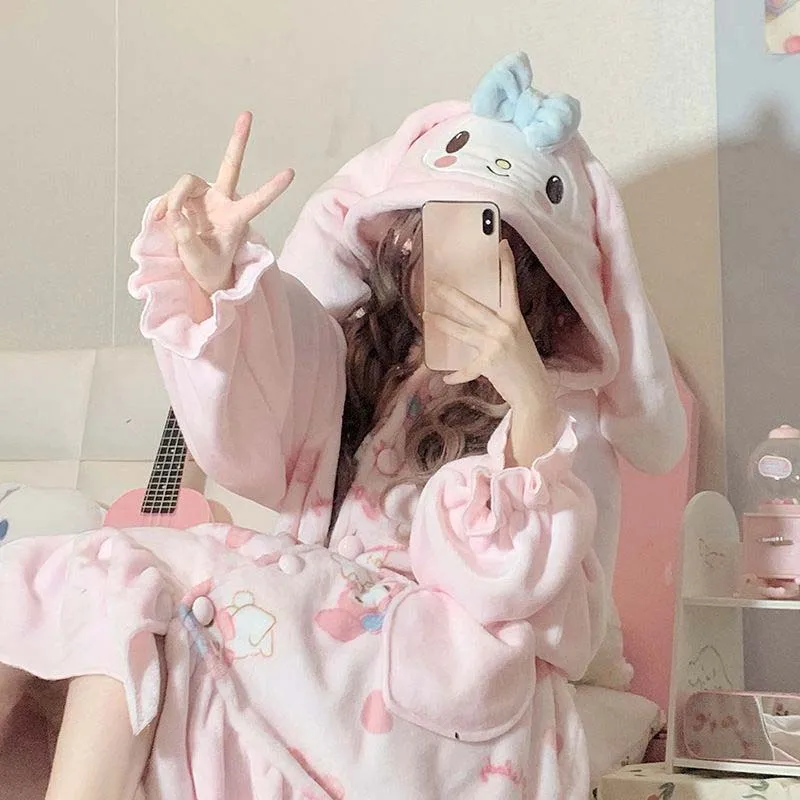 Plush Pajama My Melody Kawaii Thick Home Pajamas Autumn Winter Jacket and Trousers Two-Piece Set Pajama Thermal Robe Girl Gift