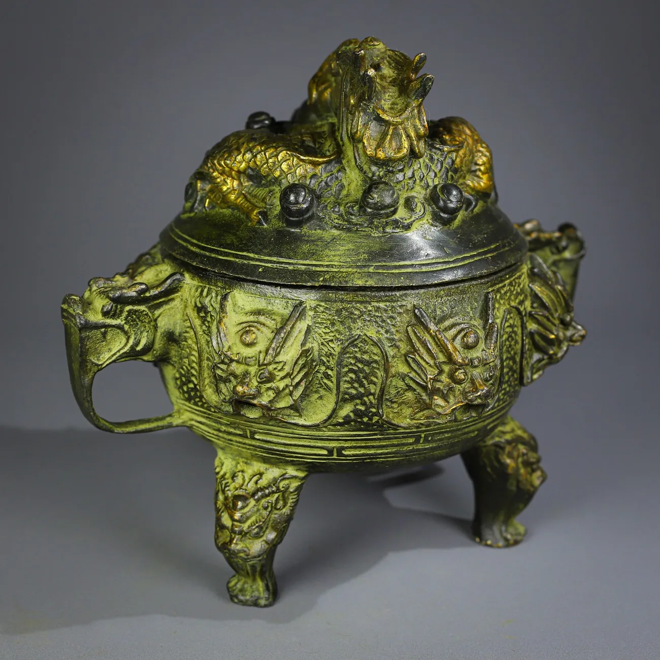 6 "مجموعة معبد التبت نمط التنين النحاسي القديم أذن التنين ثلاثة أرجل مبخرة جمع الثروة الحلي