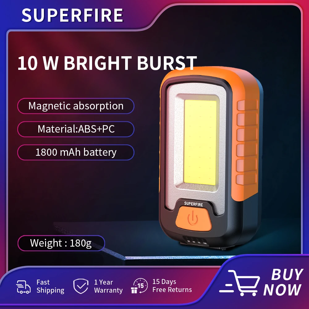 

SUPERFIRE G21 LED Work Light COB flashlight with Power Bank Function USB Rechargeable Band Magnetic Car Repairing Camping Torch