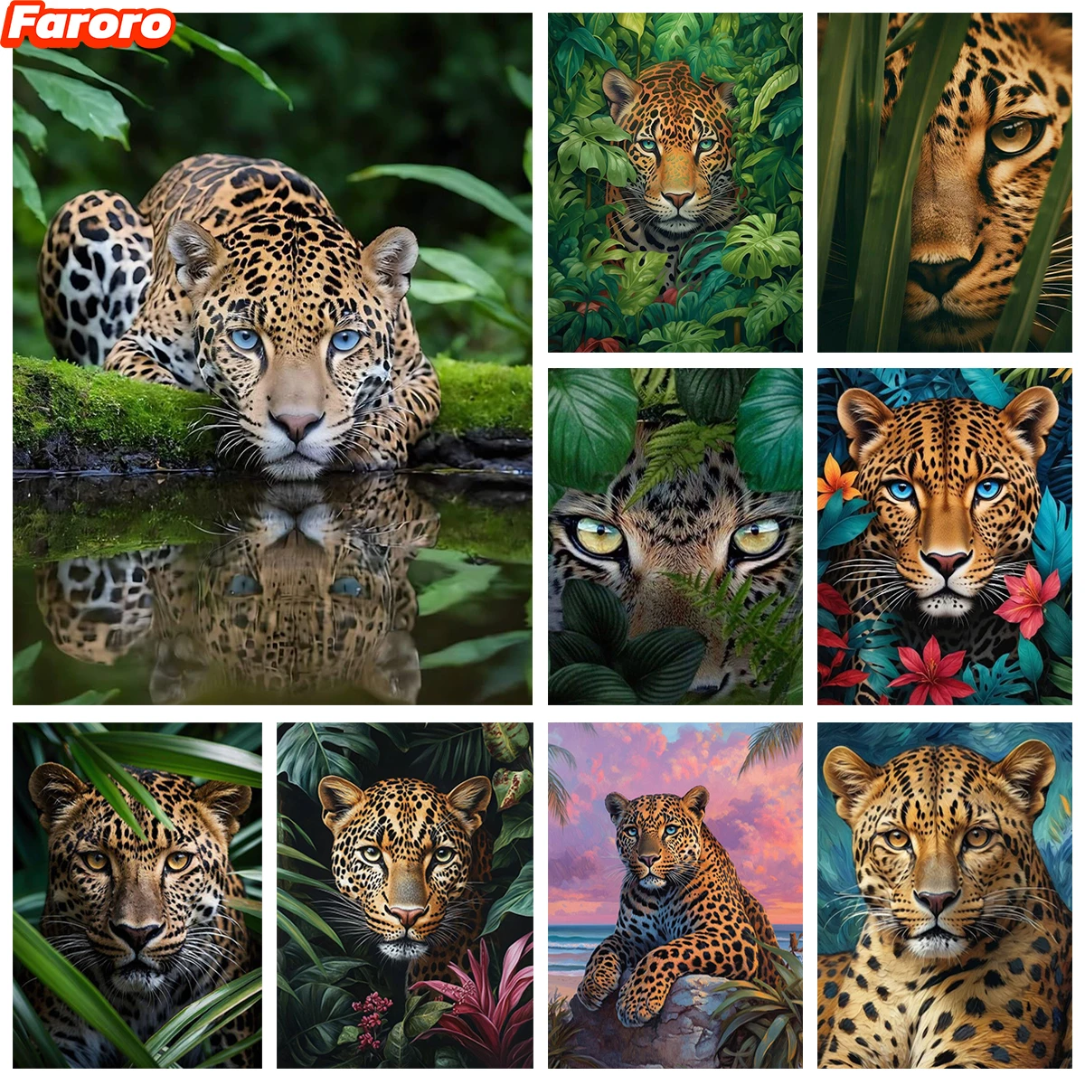 

Leopard in the jungle Diy Diamond Art Painting Leopard Jaguar Wild Animal Portrait Rhinestone Embroidery Living Room Wall Decor