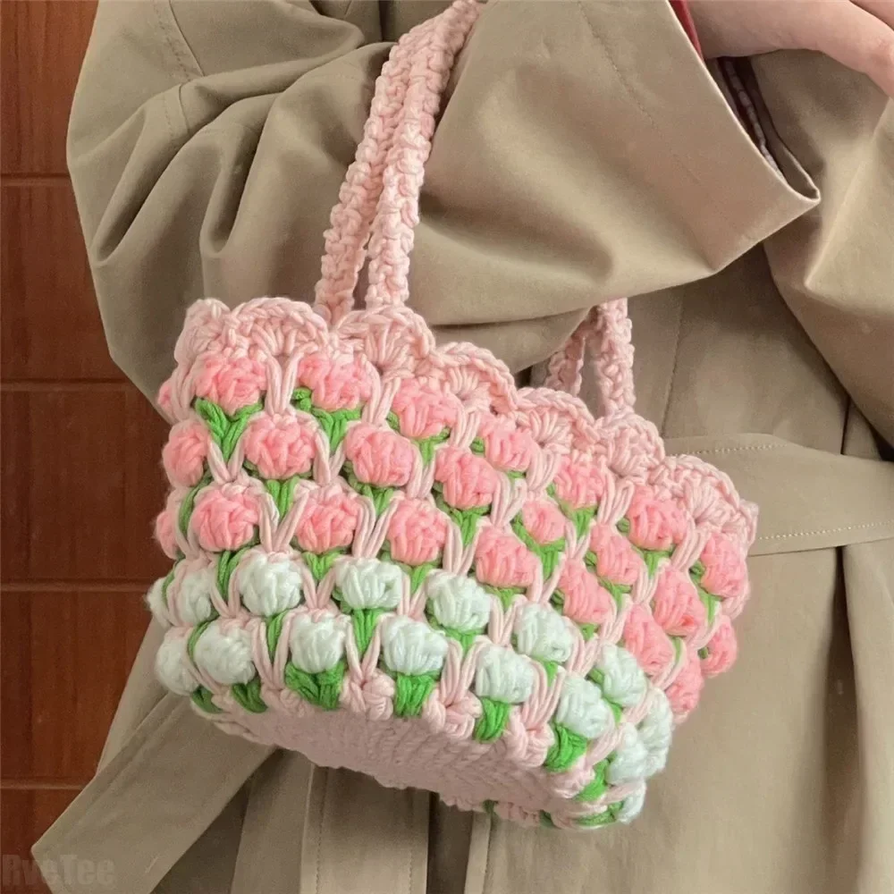 Knitting Wool Hand Bag Ins Style Tulip Handmade Portable Lunch Organizer Pouch for Women Girl Outside Shopping Picnic Storage