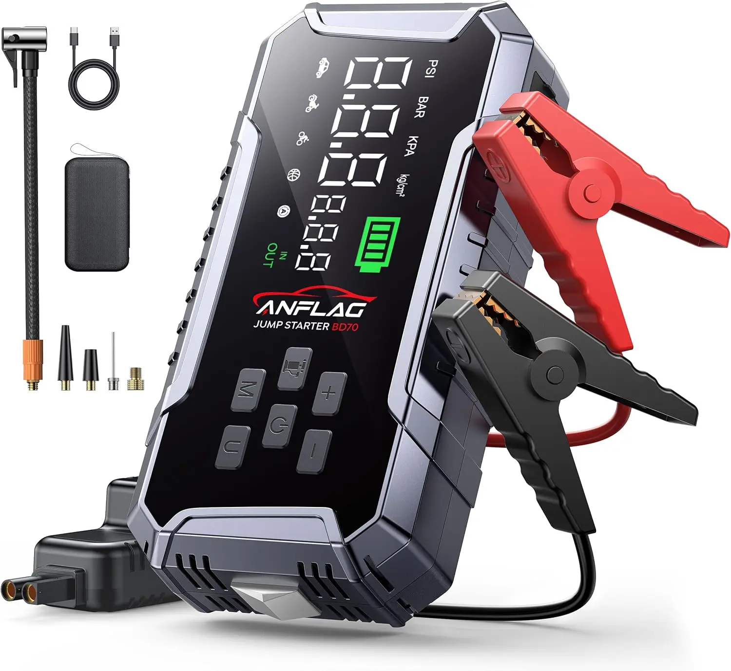 

7000A Car Jump Starter with 160PSI Air Compressor, 26800mAh Power Bank, LED Lights & Safety Hammer