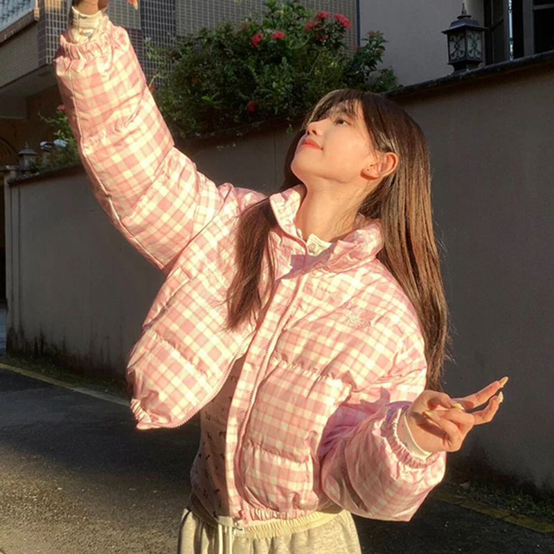 Coreano xadrez inverno inchado casaco feminino manga longa rua zip parkas jaqueta grossa quente estilo preppy casual outwear