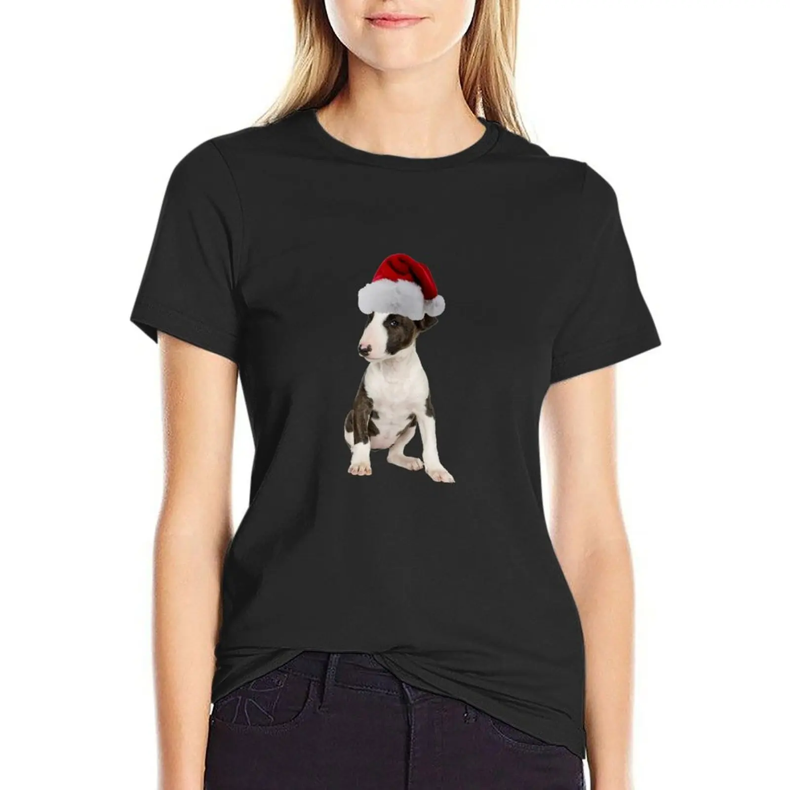 T-shirt humoristique pour femme, haut d'été, vêtements vintage, vêtements esthétiques, chiot, père Noël, joyeux Noël, Bull Terrier