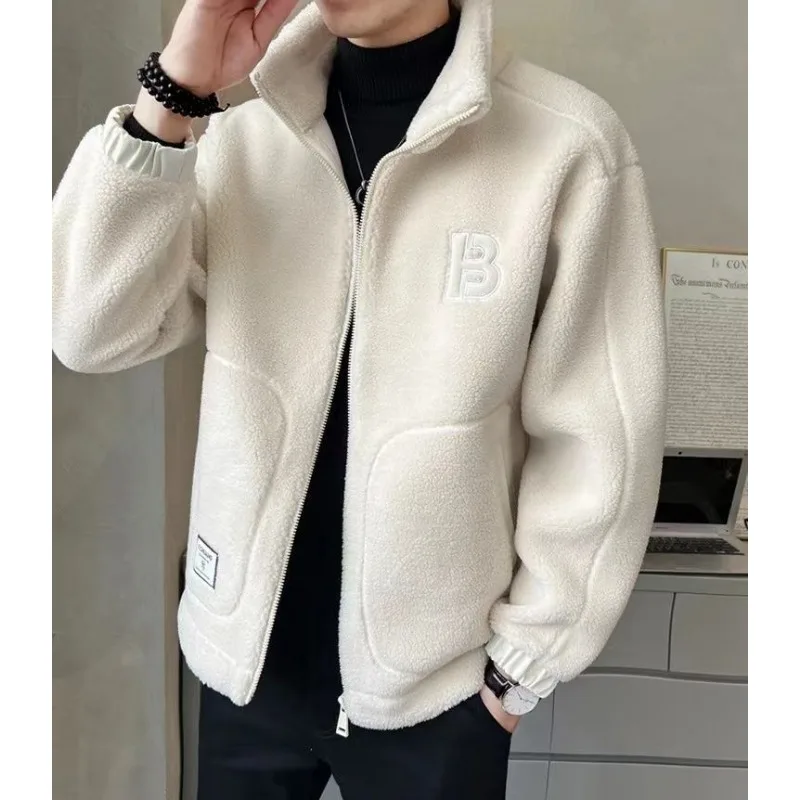 Male Lamb Wool Cotton Coat with Thick Wool Jackets Solid Simple Autumn Winter Motorcycle Clothing Men\'s Casual Clothes