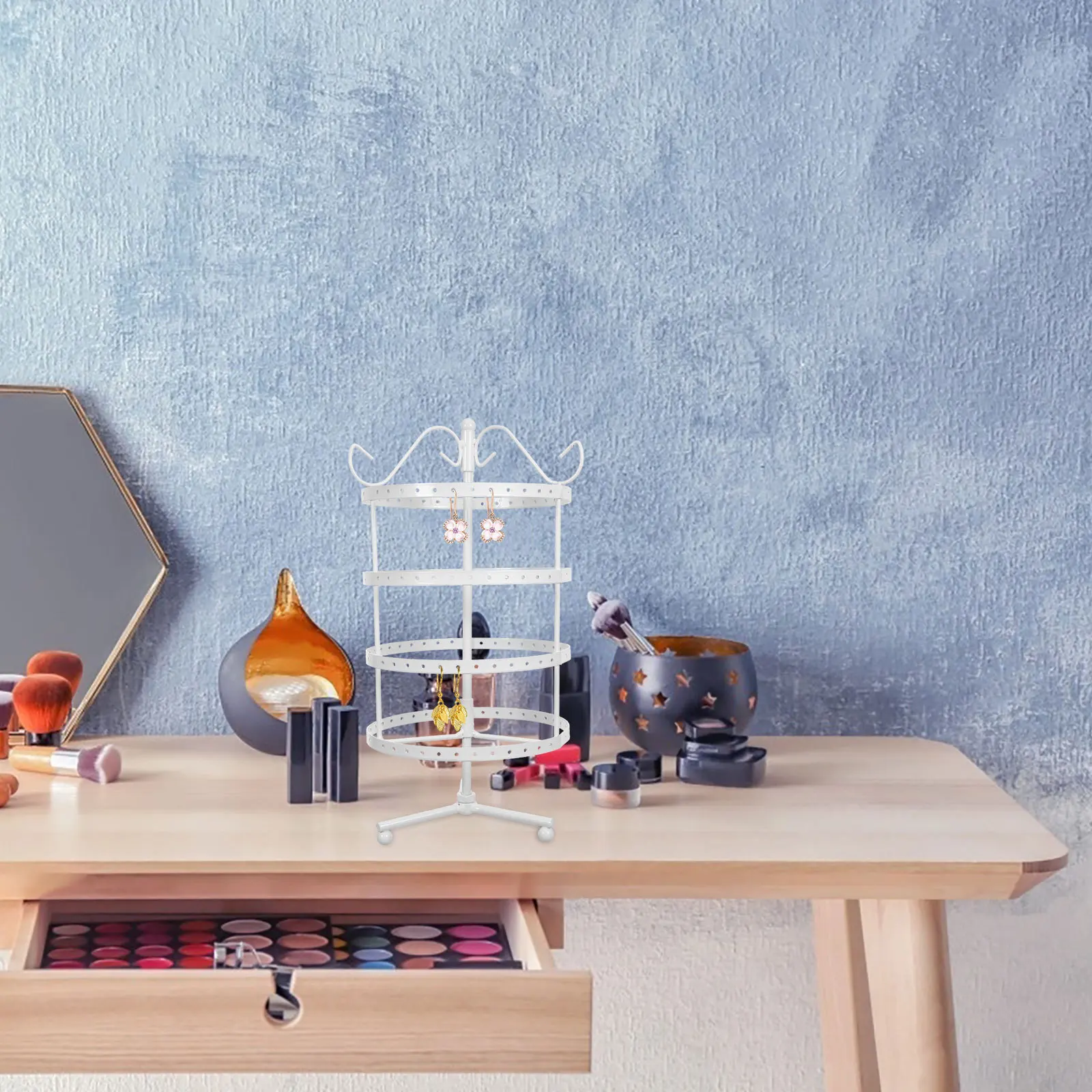 4-Tier Rotating Earrings Display Stand 144 Holes Metal Jewelry Holder Size M White Perfect for Home Store Earring Display Stand