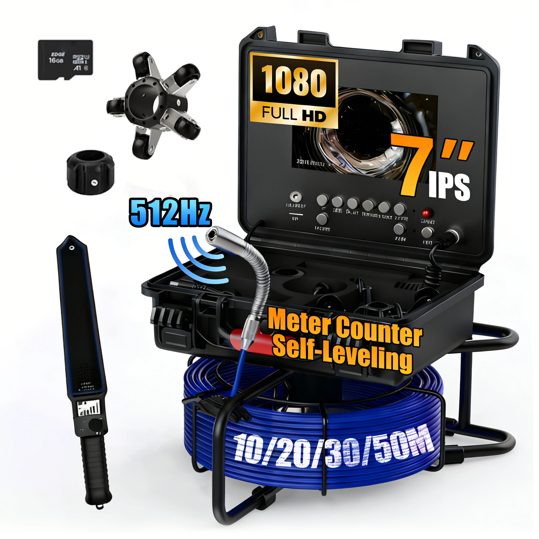 Sewer Inspection Camera -512Hz Self-Leveling Sewer Camera with Meter Counter, HD Endoscope Camera with 12 LEDs 4500mAH Battery