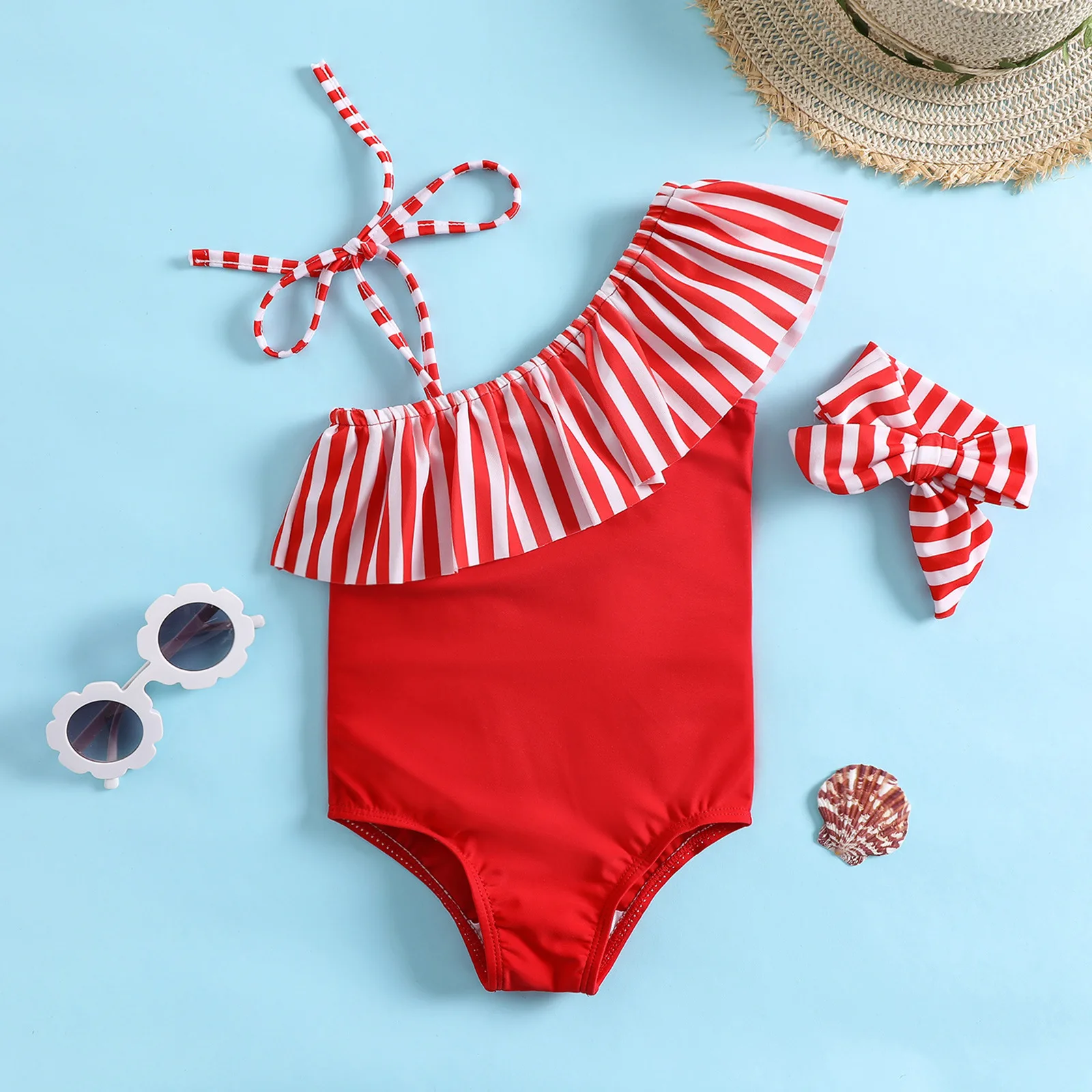 Baby one piece swimsuit with red and white striped ruffle shoulder strap and matching striped bow hair accessory,suitable for be