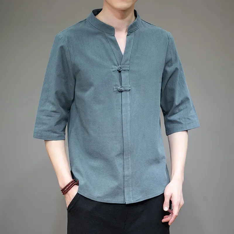 Summer Chinese Style Men Linen Shirt Vintage Half Sleeve Casual Button Up Camisa Street Retro Traditional Shirts M-5X 10800