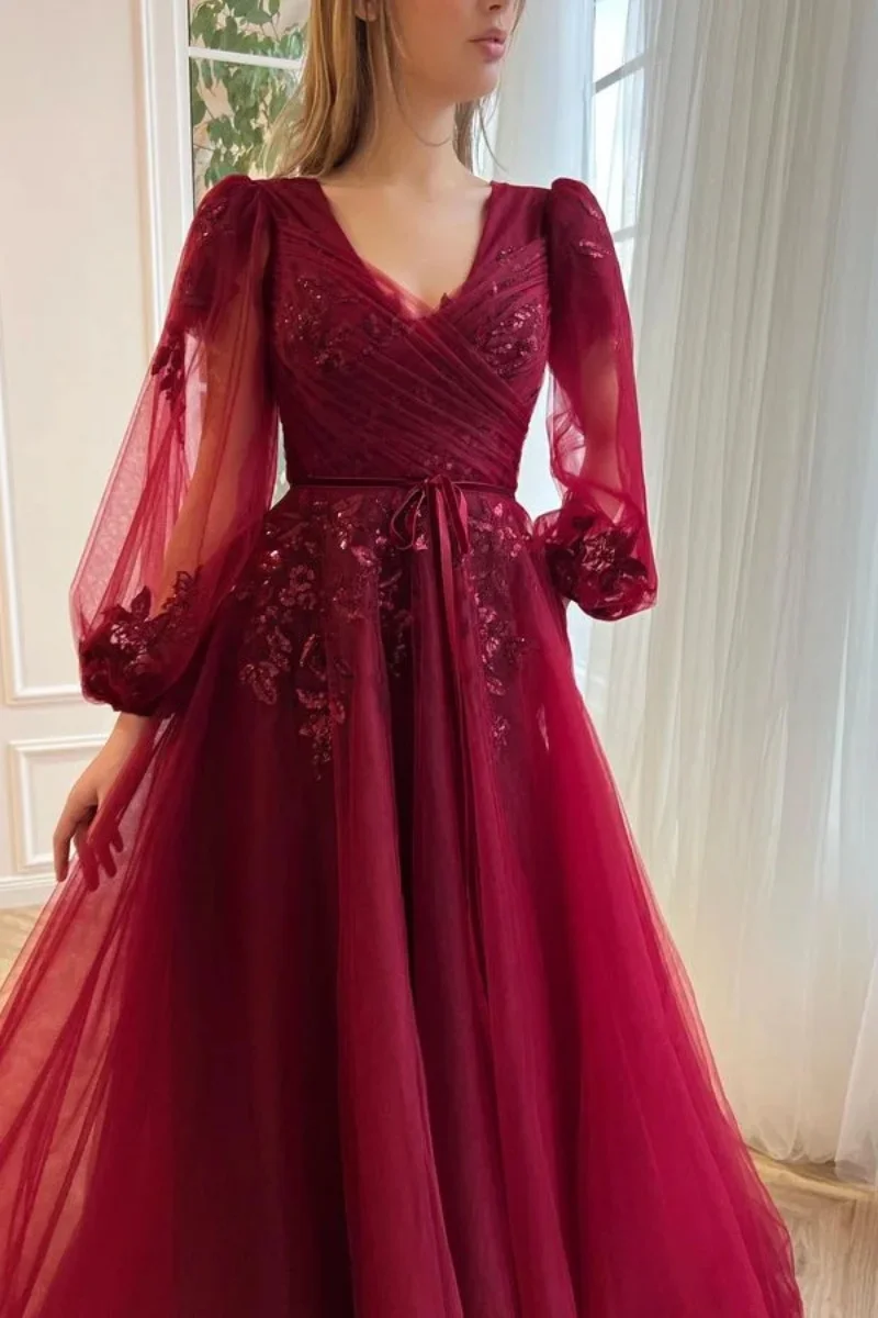 Meetlove 2024 Customized A-Line V Neck Long Lantern Sleeves Applique Floor Length Prom Dress with High Side Slit Evening Dress