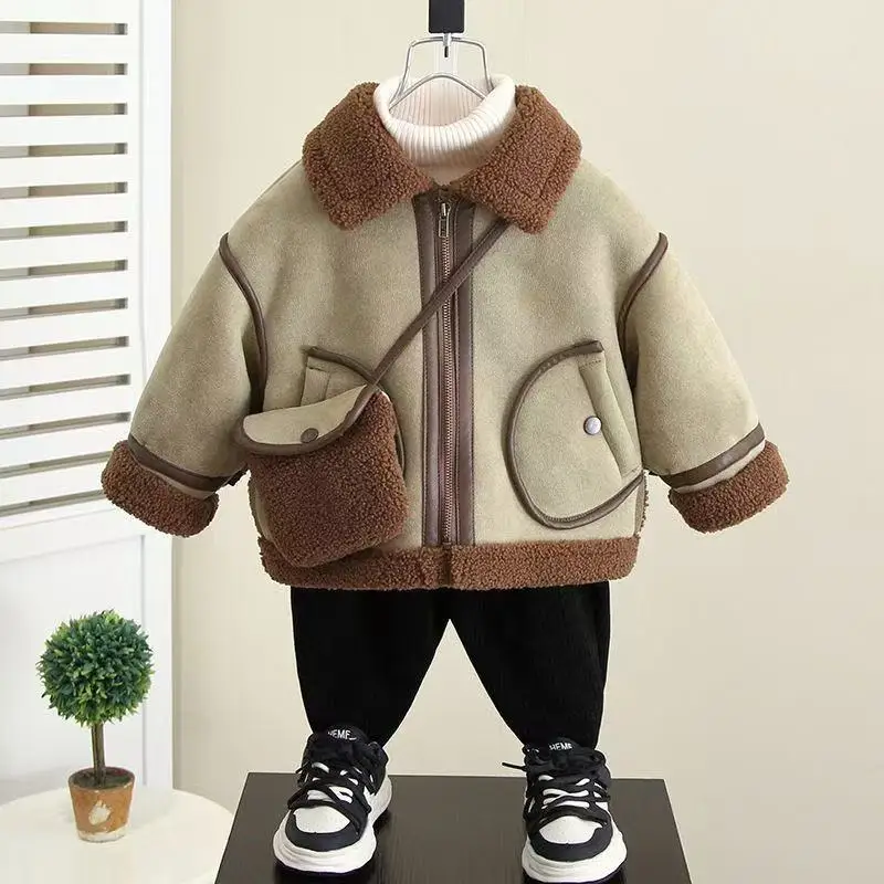 

Boys add Fleece Coat Autumn And Winter New Baby Winter Fur One Woolen Coat For Children