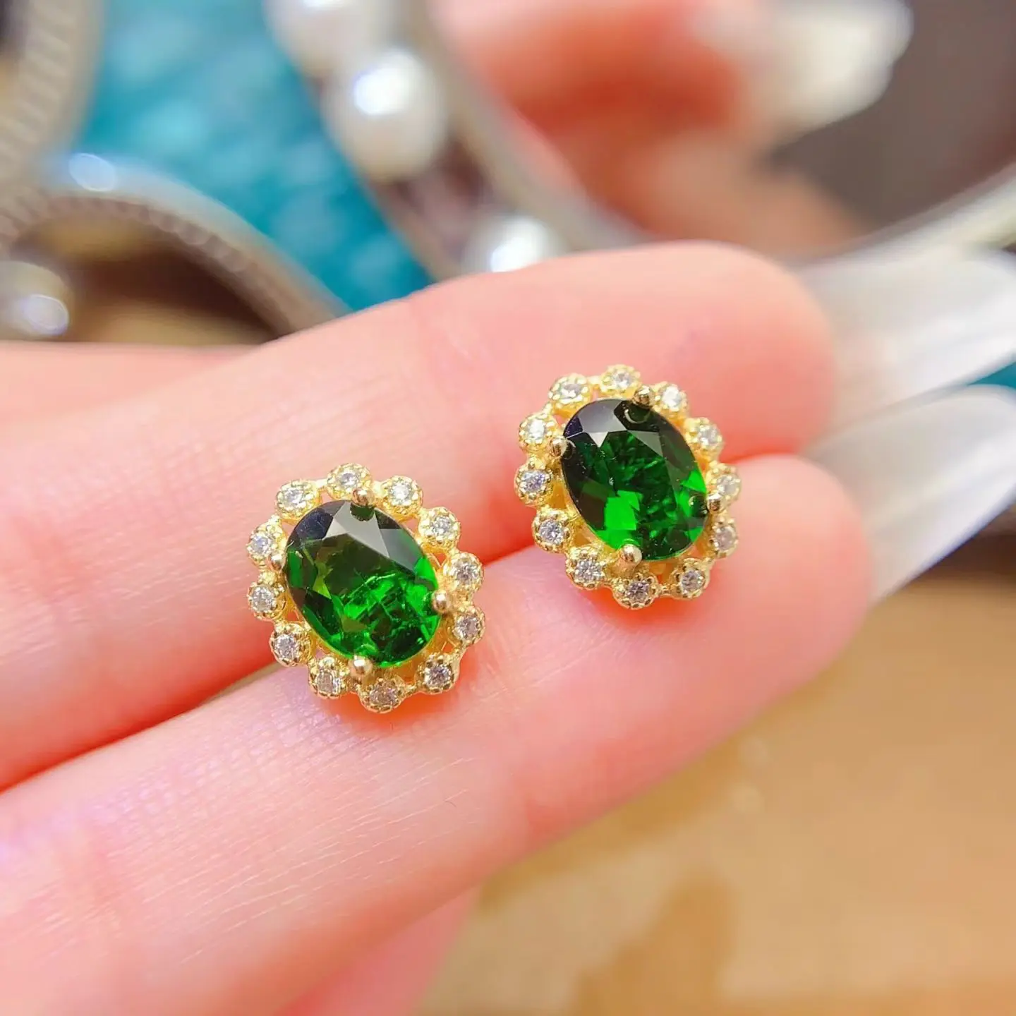 Classic 925 Silver Stud Earrings Natural Diopside Earrings 6mm*8mm 2ct Genuine Diopside Silver Earrings with 18K Gold Plating - Image 3