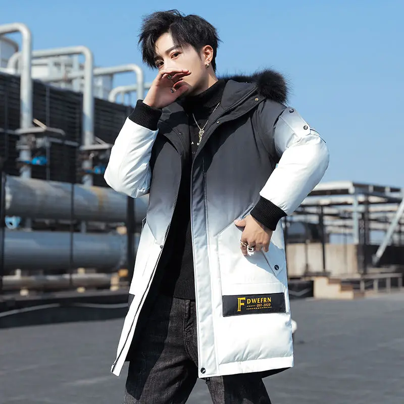 Man Winter Gradient Korean Version Trend Jacket Teenager Hooded Mid Length Tide Brand White Duck Down Coat High Quality Cashmere