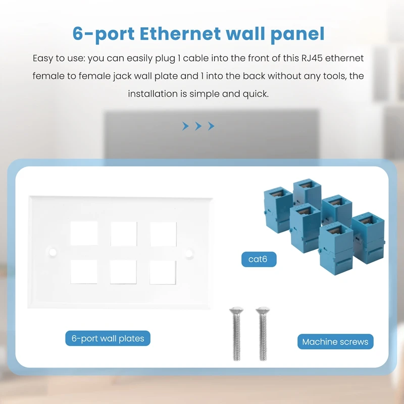 2Pack 6 Port Ethernet Wall Plate, RJ45 Cat6 Female To Female Jack Inline Coupler Plates Ethernet Cable Face Plates(Blue)