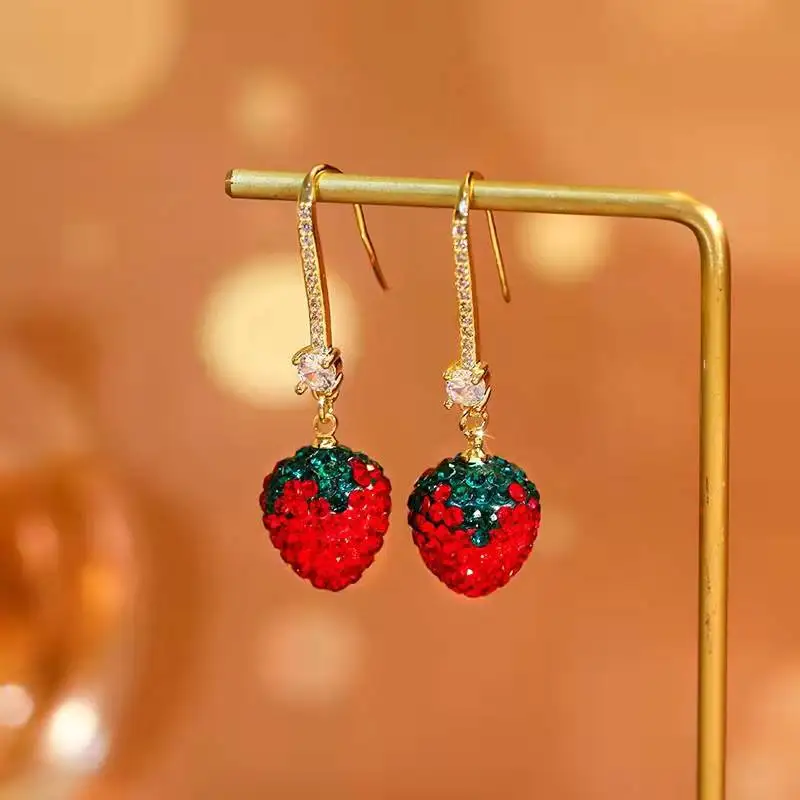 New Temperament Red Strawberry Ear Crash Long Earrings Female Personality Earrings Fruit Ladies Earrings Fashion Ear Hook