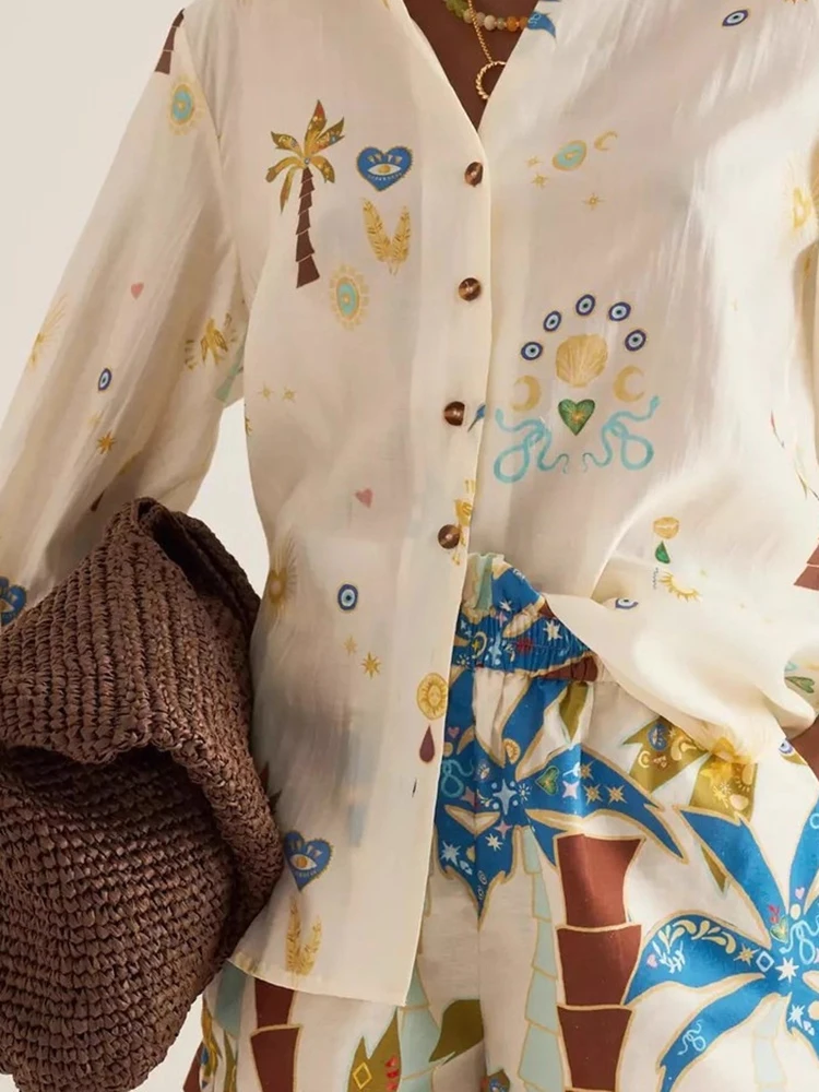 

Spring Summer Pattern Printed Long Sleeved Two Piece Set Women Lapel Button Up Shirt and Shorts Suit 2025 Vacation Loose Outfit