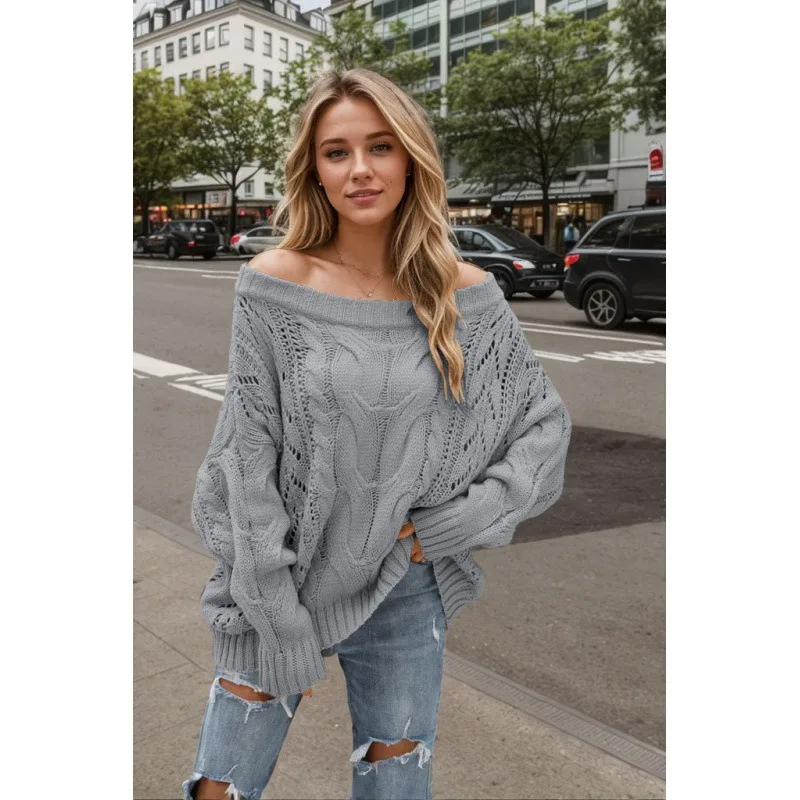 

Осень/зима 2022, свободный вязаный свитер с открытыми плечами для отдыха, модный однотонный элегантный женский свитер с одним воротником