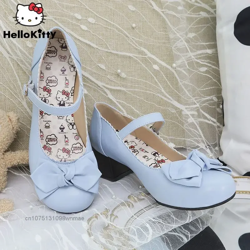 Sanrio Hello Kitty Sweet Party Mary Janes Pumps 4.5cm Mid Heel Single Shoes Women's Autumn Shoes Lolita Round Head Bow Shoes