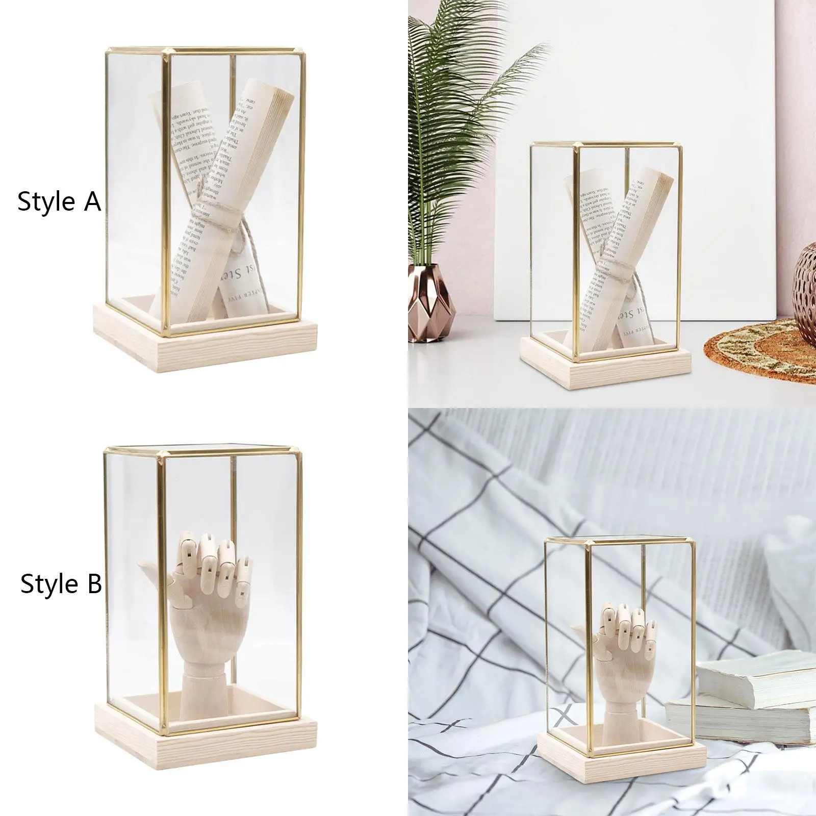 Collectible Glass Display Case Decoration Container with Lid 11.5x11.5x20cm Wooden Base for Living Room, Study Room Versatile