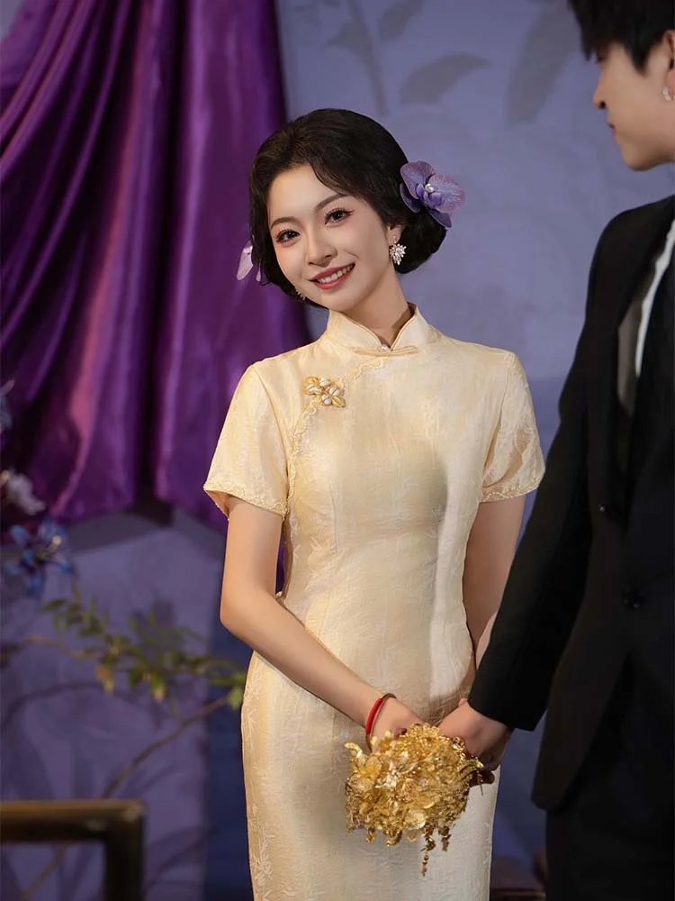 

Yellow Qinguxi Ten Year Old Wedding Dr New Chinese Sle Engagement Ceremony Dr for Women Mid-Length