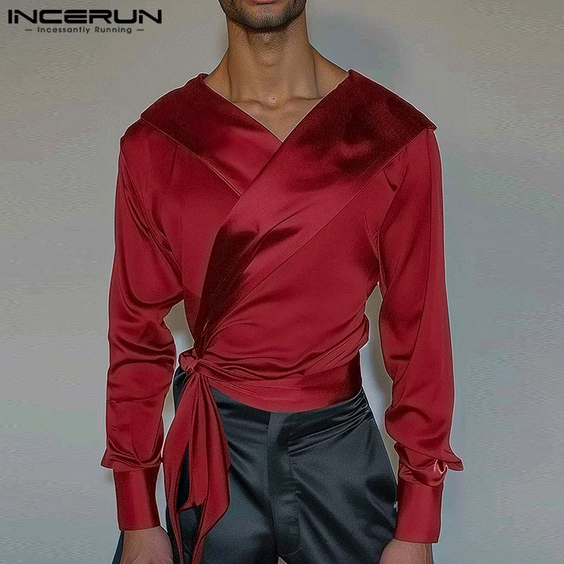 INCERUN 2024 Men's Clothing Twisted Cross Neck Shirts Sexy Stylish Male Hot Selling Solid Comfortable Long Sleeved Blouse S-5XL