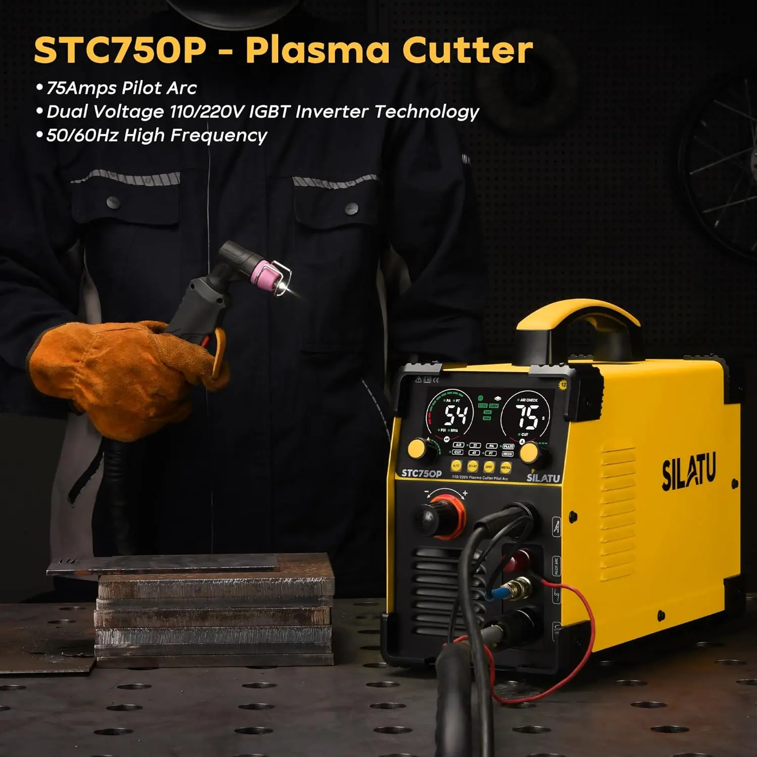 75Amps Plasma Cutter, Large LED Display, Non-Touch Pilot Arc, Air Sensor Technology, 110/220V Dual Voltage IGBT Inverter