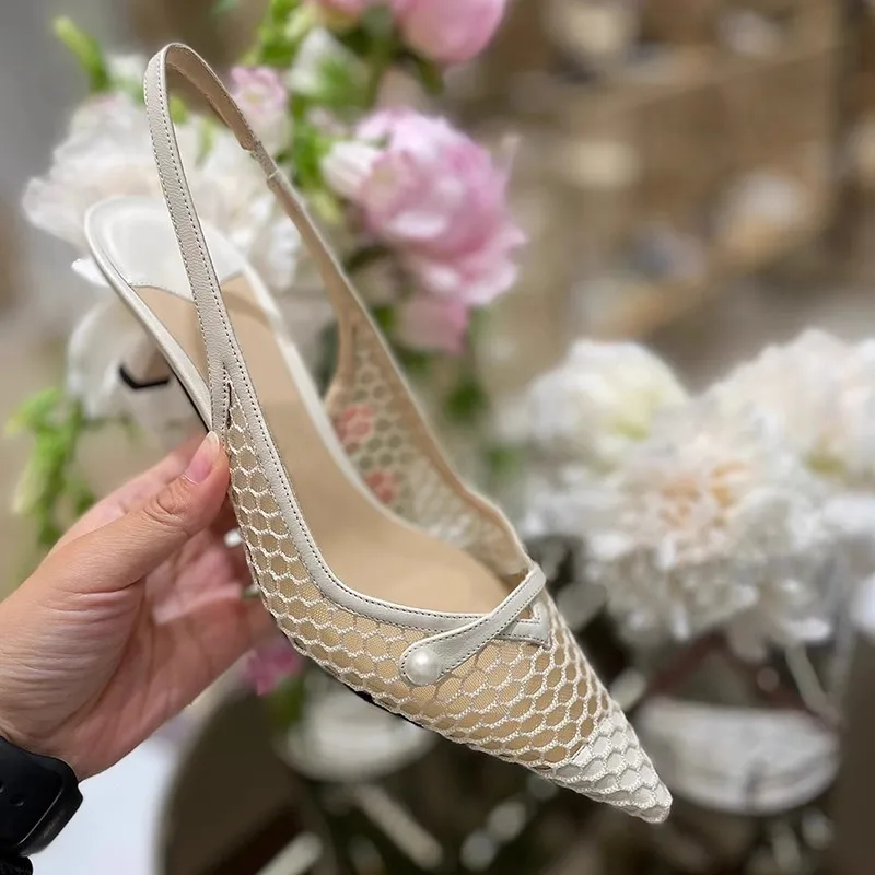 

Mesh Pointed Toe Kitten Heel Pumps Pearl Strap Slip-On Shallow Solid Black White Mules Sexy Women Sandal Shoe