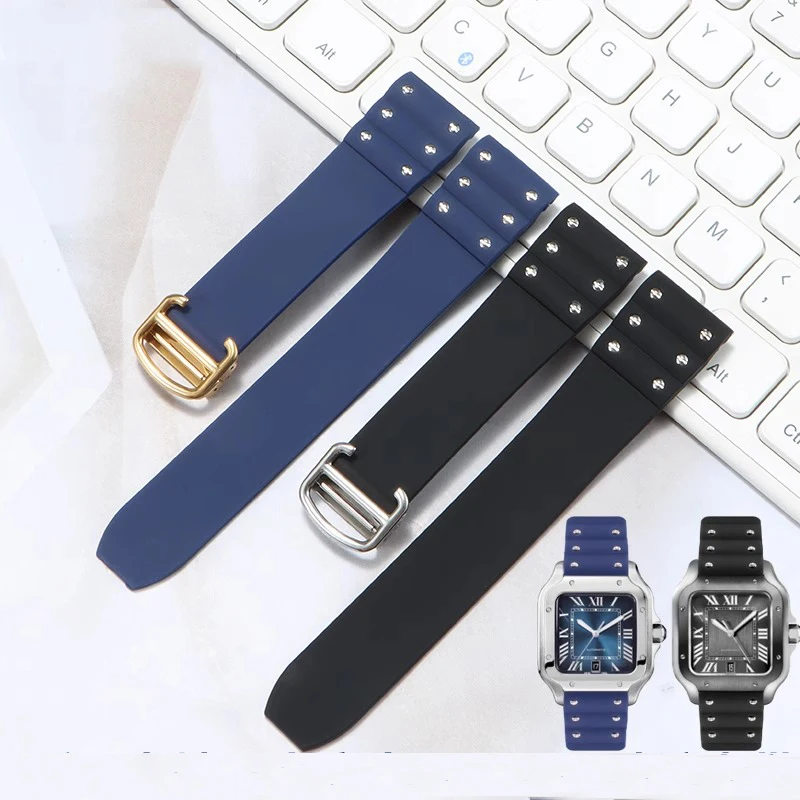 For Cartier Santos Strap Silicone Bracelet High Quality Rubber Watchband for Waterproof Rubber Band 21mm Black Blue Wristband