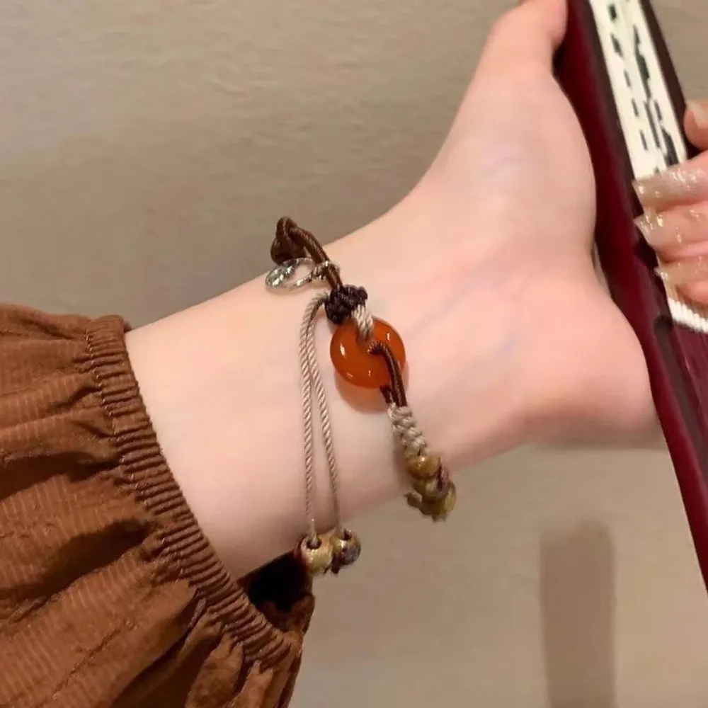 Chinese Style Woven Rope Bracelet Amber Colored Adjustable Women Bracelets Handmade Ethnic Style Coffee Peace Buckle Chain