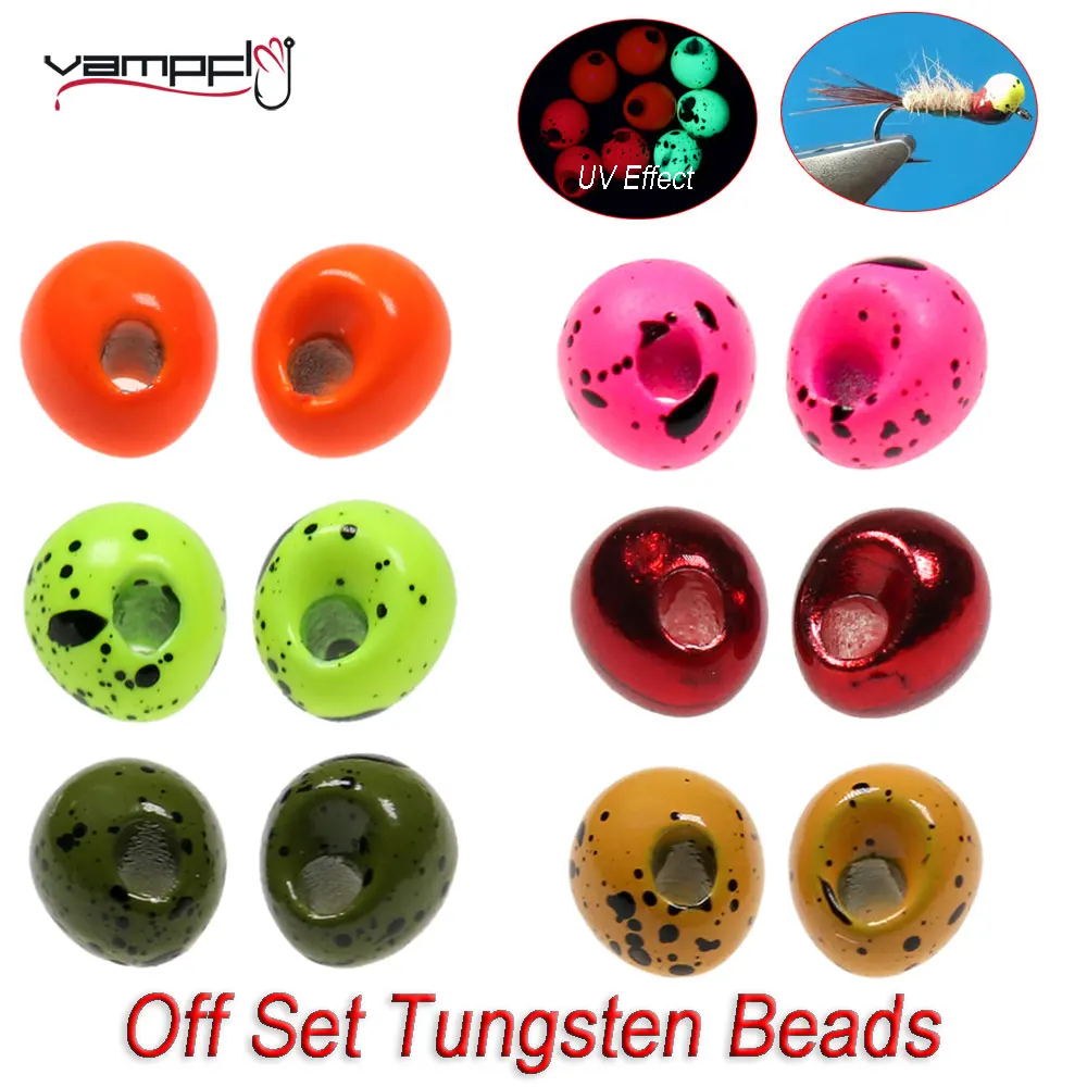 Vampfly 20szt Fishing UV Mottled Off-set Tungsten Beads Tear Drop Shape Jig Off Beads Fast Sink Nymph Jig Head Fly Tying Material