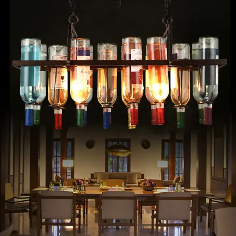 American Retro Industrial Rust Metal Colored Wine Bottle Glass Chandelier Coffee Shop Bar Restaurant LED Decorative Pendant Lamp