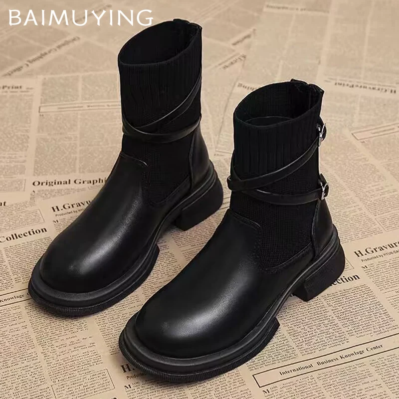 Women Ankle Boots Knitting Mid Heels Retro Shoes Winter Classic Chunky Motorcycle Boots 2024 Trend New Brand Goth Botas Mujer