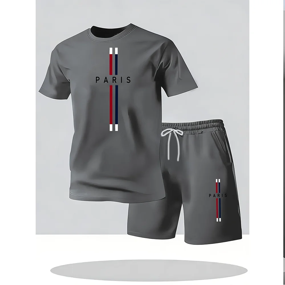 

Summer Men's Daily Sportswear Paris Print Short Sleeved T-shirt Set Two-Piece Outdoor Casual Loose Fit Shorts Training Suit