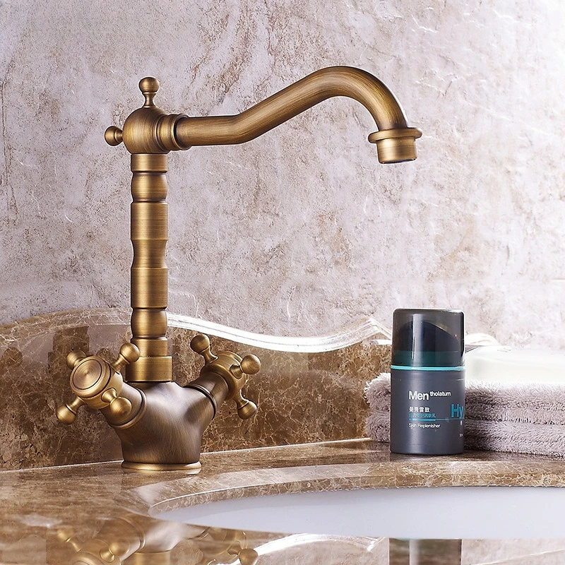 Cross-border retro brass basin faucet kitchen household hand wheel heightening table basin hot and cold splash-proof faucet