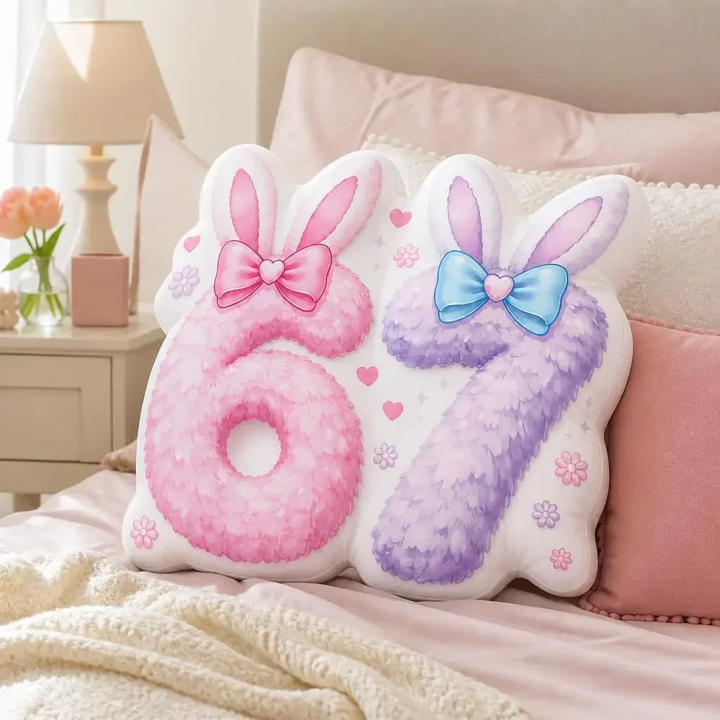 67 Six Seven Cute Girls Young Pink Purple Rabbit Ears 67 Meme Plush Pillow Cushion Stuffed Throw Pillow Home Decor Gift Sofa