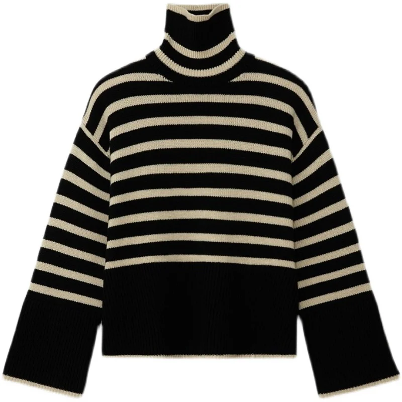 Autumn and winter European cashmere languid wind sweater top high collar wide sleeve stripe color matching wool loose sweater