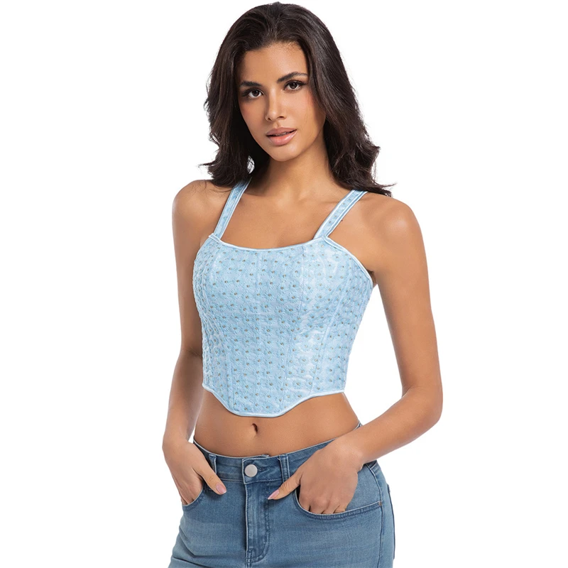 

Женские летние укороченные топы с корсетом, сексуальные майки SKY BLUE с цветочным принтом, облегающий короткий топ с открытой спиной, топы на бретелях без рукавов, повседневная майка
