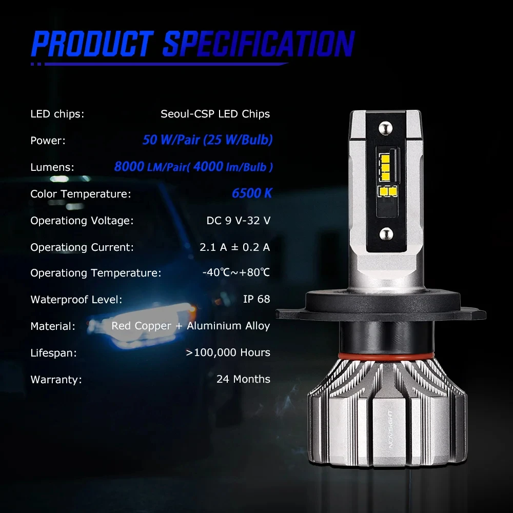 NOVSIGHT H7 Universal Led Headlight 9005 HB3 9012 H1 H4 H11 H8 H9 Car Headlight Bulbs 50W 8000LM 6500K Fog Light Auto Headlamp