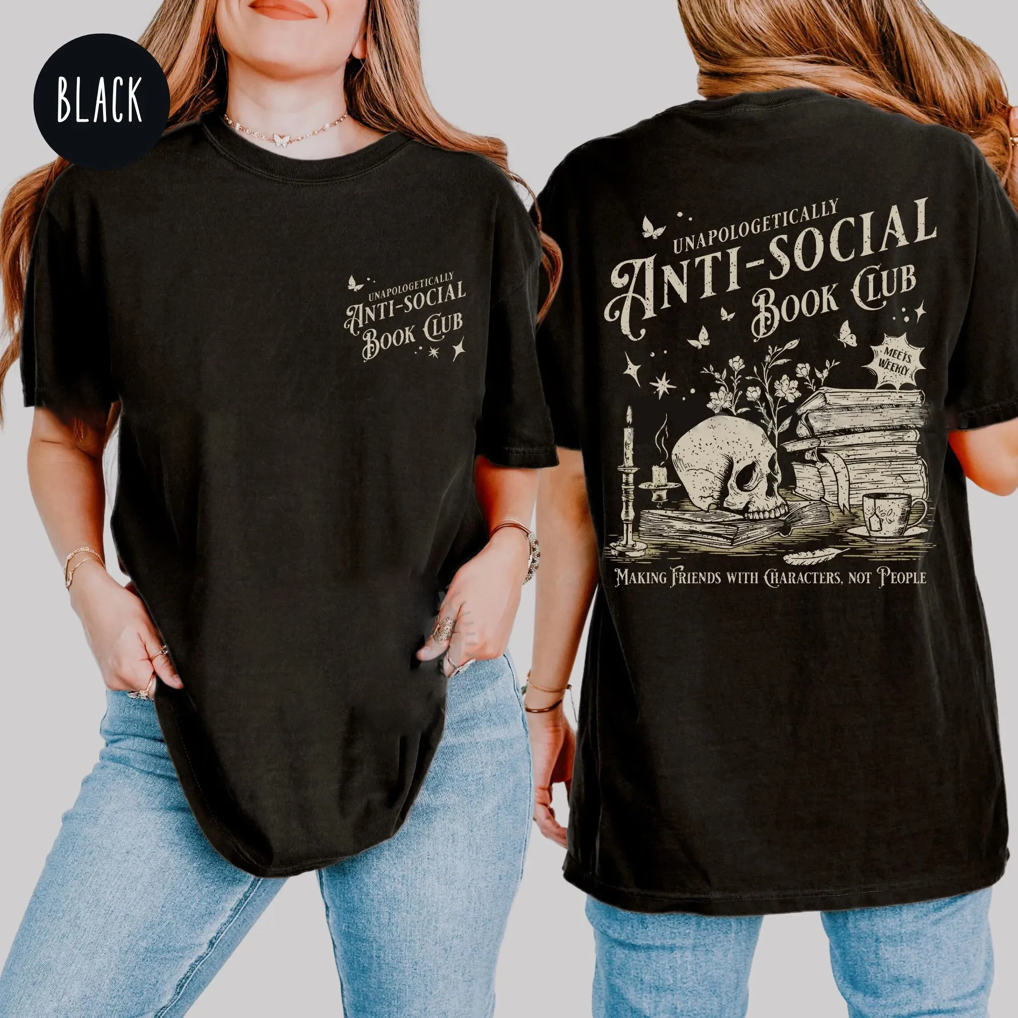 Vintage Anti-social Book Club 2 Sided Comfort T-Shirt for Introverted Romance Reader Distressed Tee Trendy Casual Streetwear - Image 3