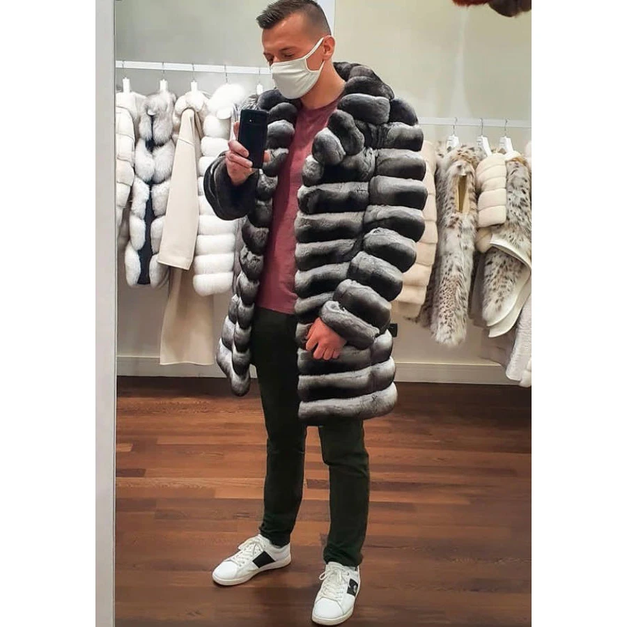 Real Rabbit Fur Jacket Men Chinchilla Rex Rabbit Fur Coats Men Winter Warm Rex Rabbit Coat Full Skin