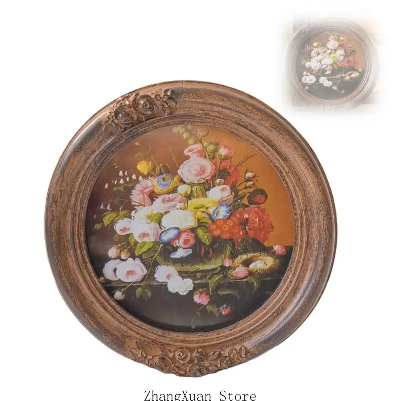 Dekorativer Kunstrahmen für Fotos und Drucke, runder Bilderrahmen aus Kunstharz mit erhabener Blumenverzierung und antiken – Detail 2