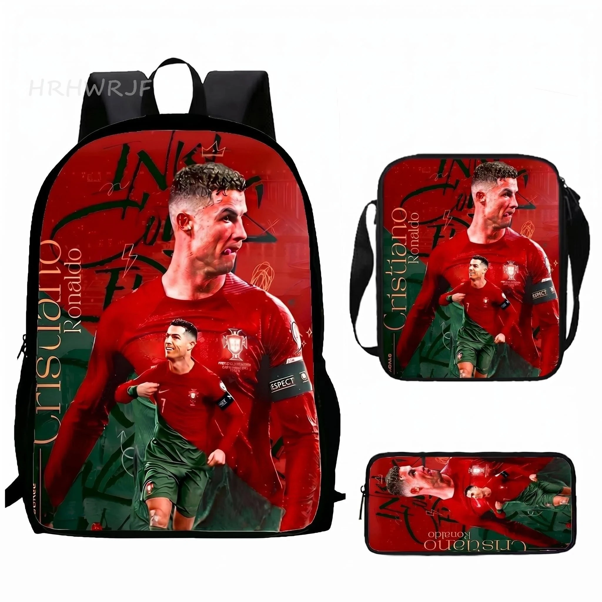 Mochila Super Football CR7 3 peças para Meninos e Meninas, Design de Jogos de Futebol, Mochila Escolar para Crianças